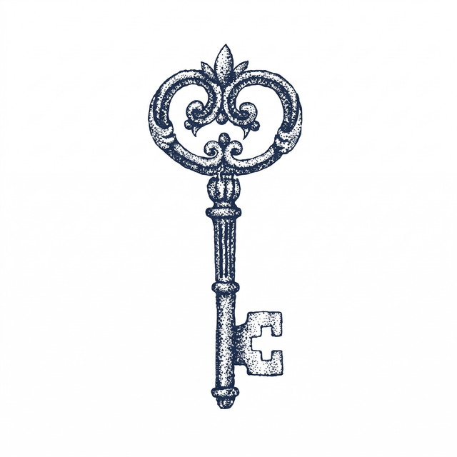 The artwork features a heart-scroll vintage key.
