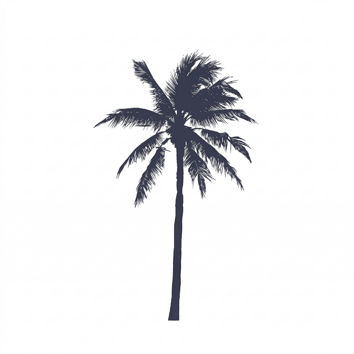 The artwork features a broad-crown palm tree silhouette.