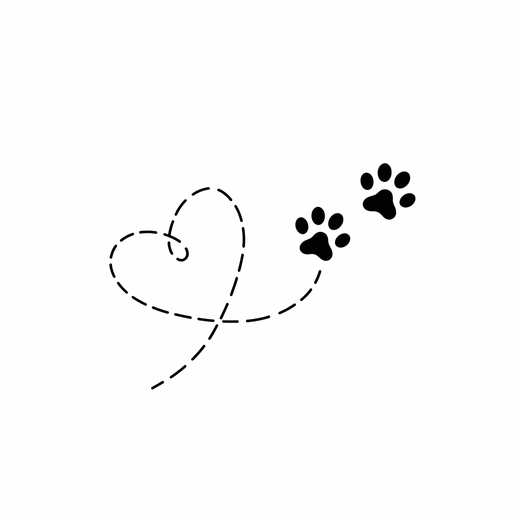 The artwork features a paw print heart trail.