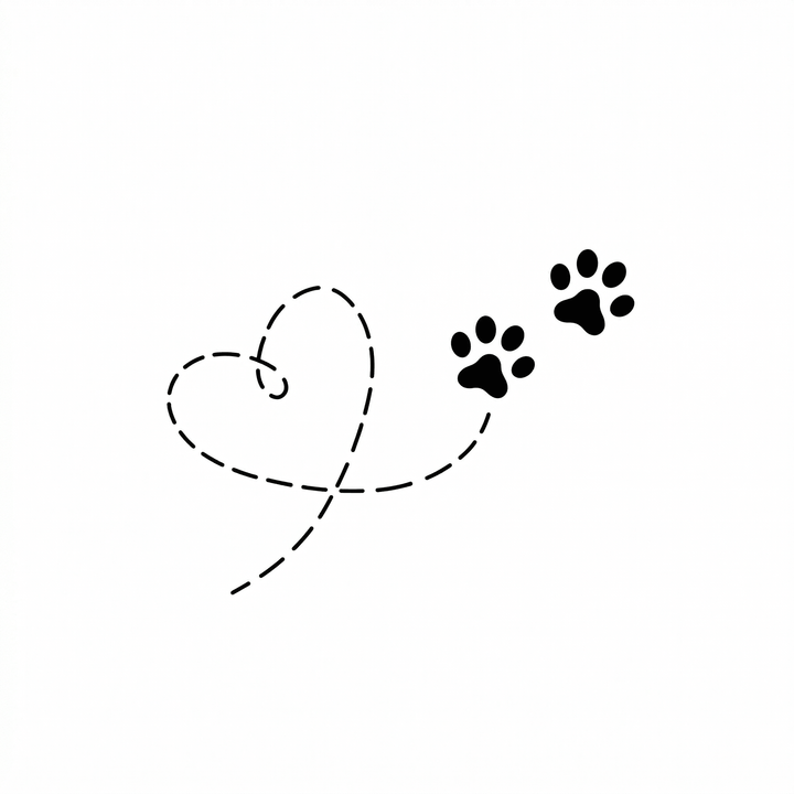 The artwork features a paw print heart trail.