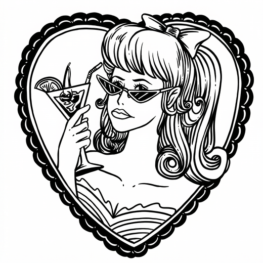 The artwork features a retro woman with cocktail.