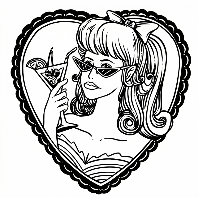 The artwork features a retro woman with cocktail.