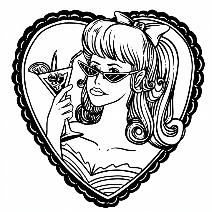 The artwork features a retro woman with cocktail.
