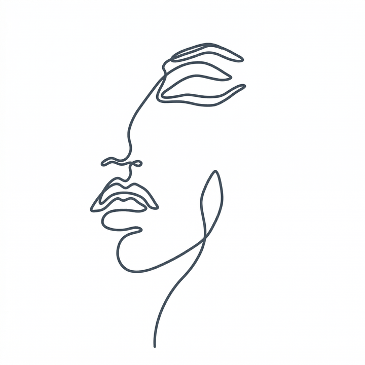 The artwork features a minimal continuous-line face.
