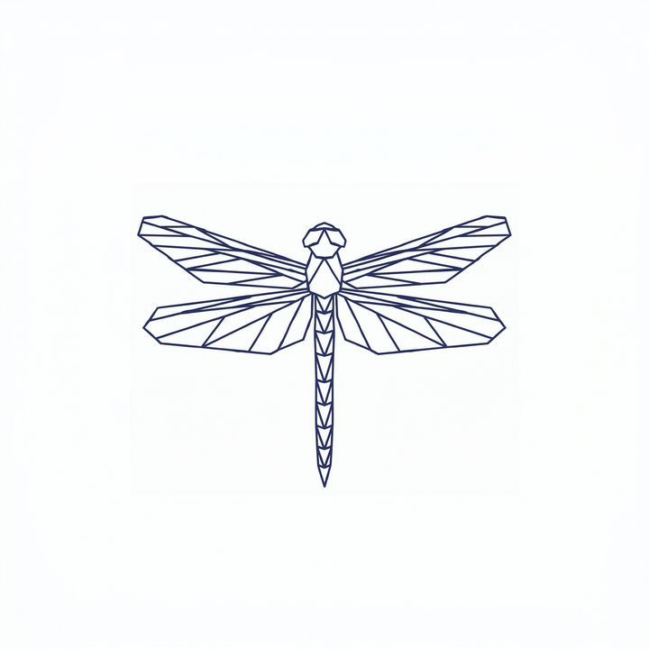 The artwork features a geometric origami dragonfly.