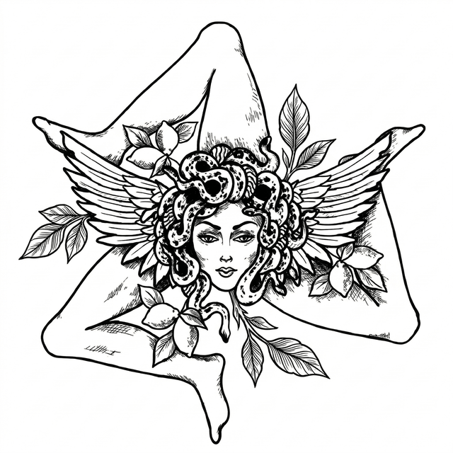 A front-facing snake-haired woman is surrounded by spread wings, leaves and several lemons, with large draped shapes behind her; no hands or triangular frame are described.