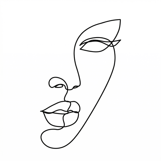 The artwork features an abstract one-line face.