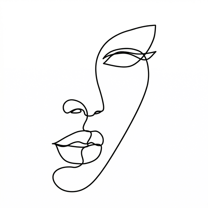 The artwork features an abstract one-line face.