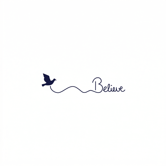 A flying bird trails a wavy line that connects into the cursive word “Believe”.