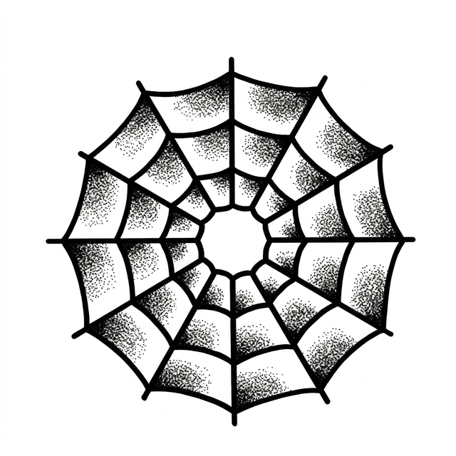The artwork features a geometric stippled spiderweb.