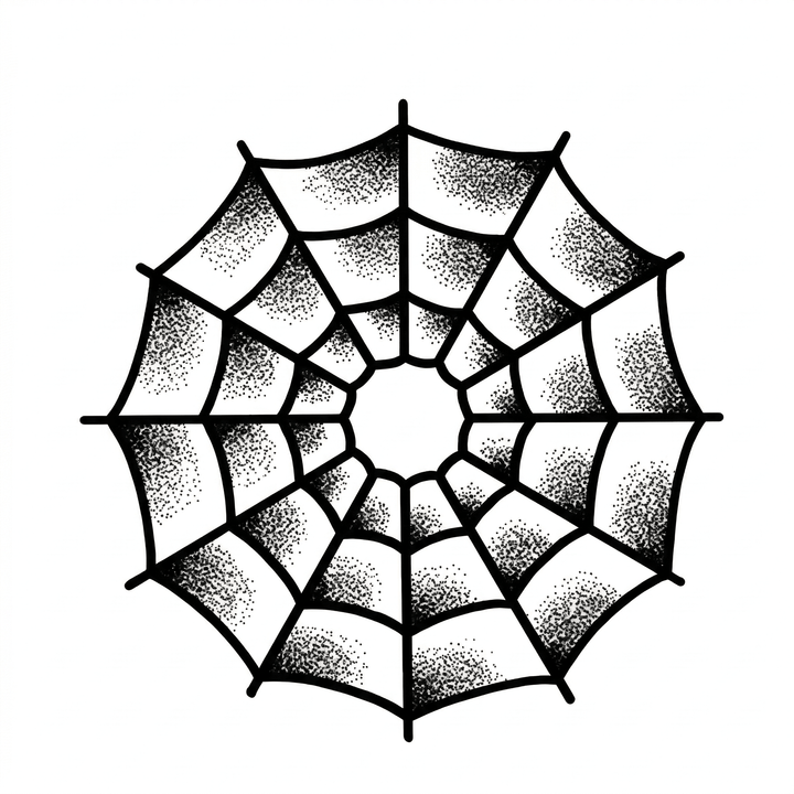 The artwork features a geometric stippled spiderweb.