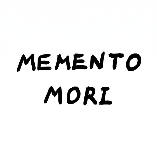 The Latin phrase MEMENTO MORI is arranged on two lines in rough bold hand-drawn capitals.
