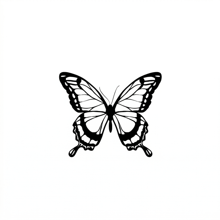 The artwork features a fine-line butterfly.