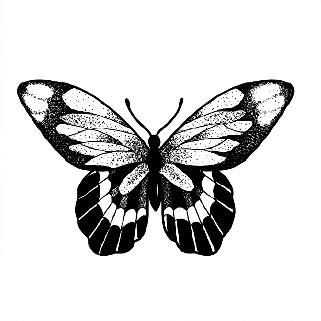 The artwork features a detailed blackwork butterfly.
