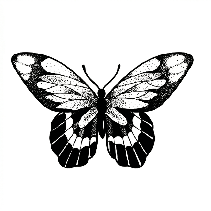 The artwork features a detailed blackwork butterfly.