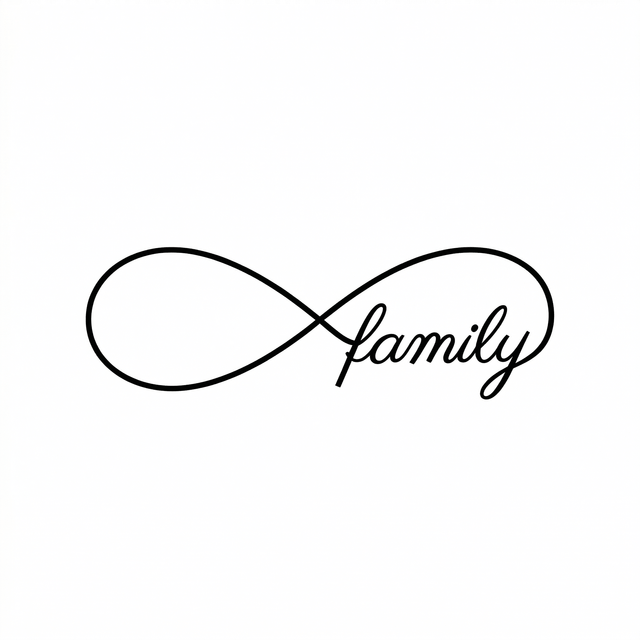 The cursive word family is integrated into the right side of a horizontal infinity loop.
