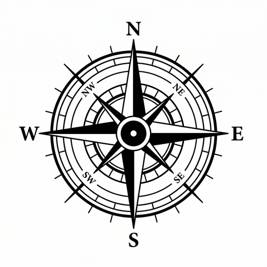 The artwork features a labeled navigation compass.