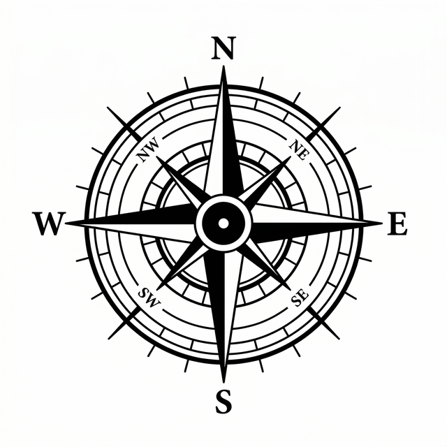 The artwork features a labeled navigation compass.