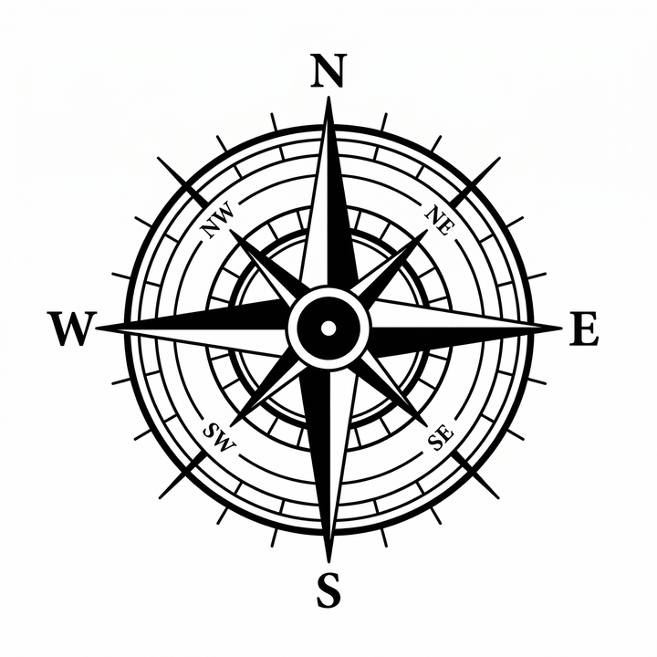 The artwork features a labeled navigation compass.