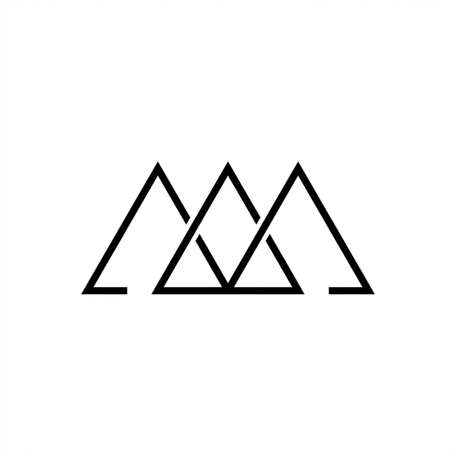 Three hollow mountain-like triangles of similar height connect across a horizontal row, with their outline strokes crossing between adjacent peaks.