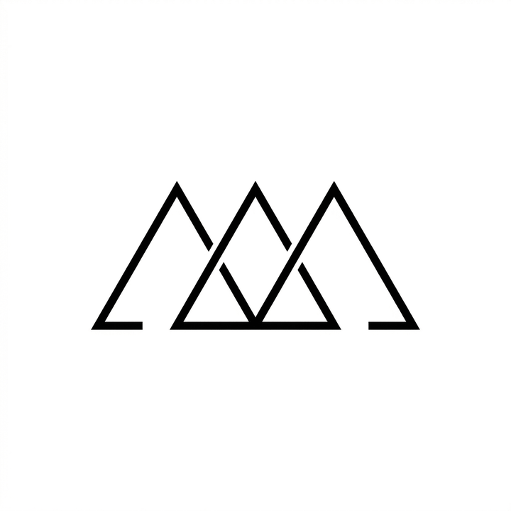 Three hollow mountain-like triangles of similar height connect across a horizontal row, with their outline strokes crossing between adjacent peaks.