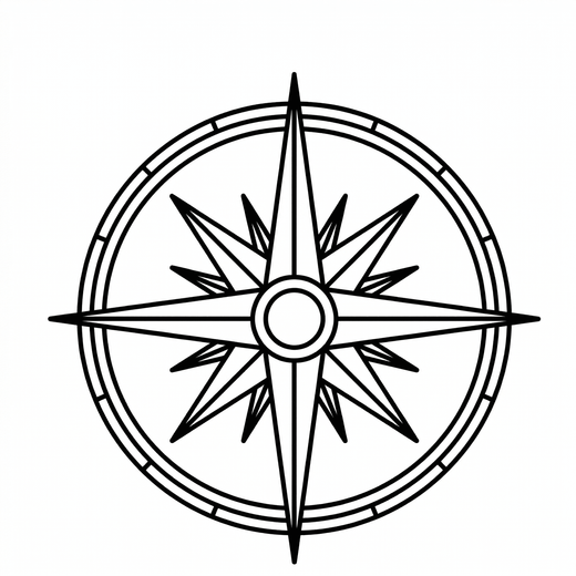 A large circular compass star combines long and short directional points with a segmented double ring; the term compass rose refers to the navigation symbol rather than a flower.