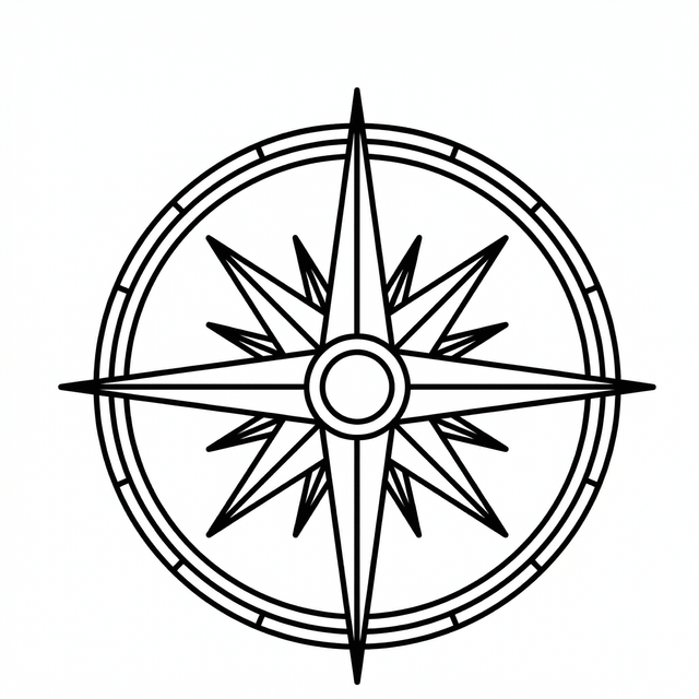 A large circular compass star combines long and short directional points with a segmented double ring; the term compass rose refers to the navigation symbol rather than a flower.
