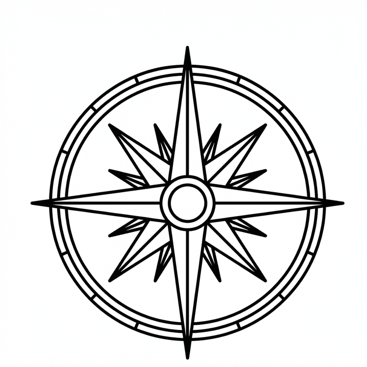 A large circular compass star combines long and short directional points with a segmented double ring; the term compass rose refers to the navigation symbol rather than a flower.