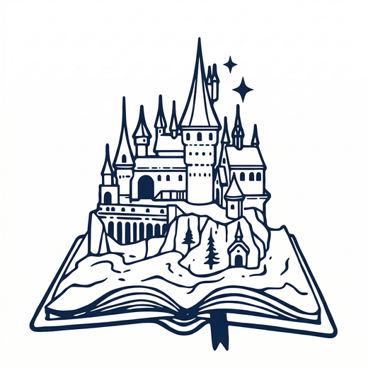 The artwork features a castle rising from book.