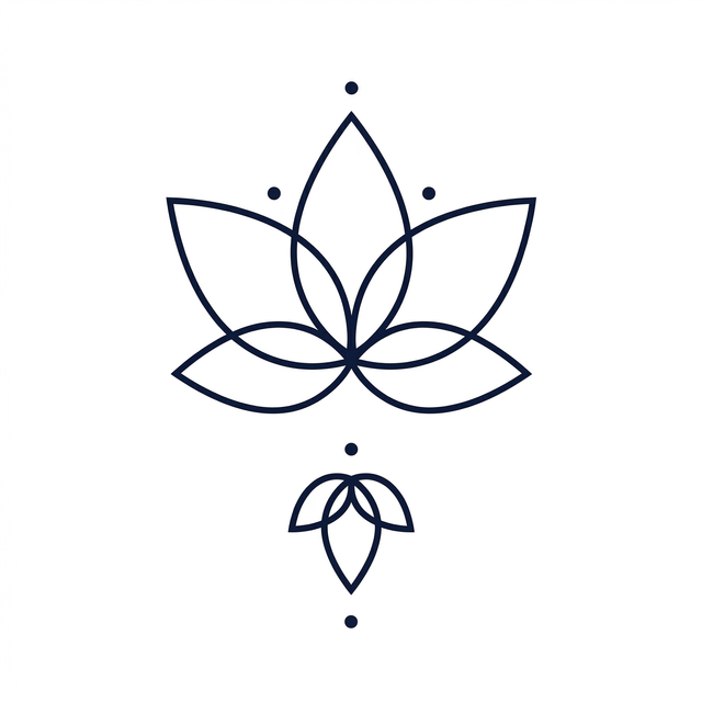 A large geometric lotus and a smaller matching lotus are stacked vertically with dot accents.