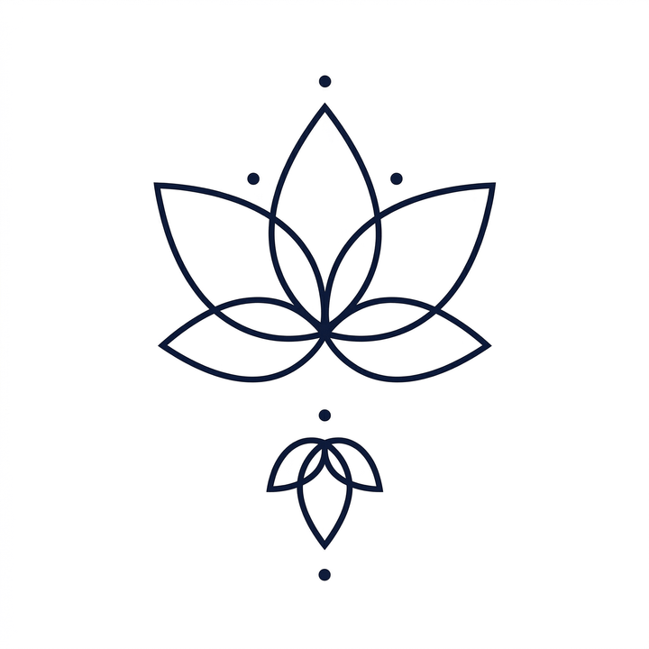 A large geometric lotus and a smaller matching lotus are stacked vertically with dot accents.