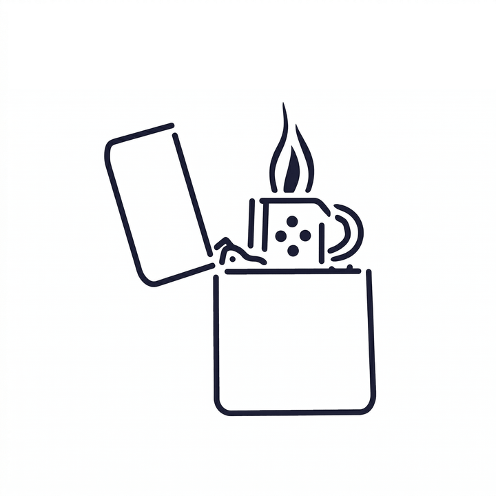 The artwork features an engraving open flame lighter.