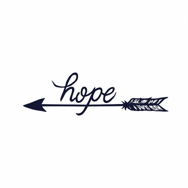 A horizontal feathered arrow is crossed by the lowercase cursive word “hope”.