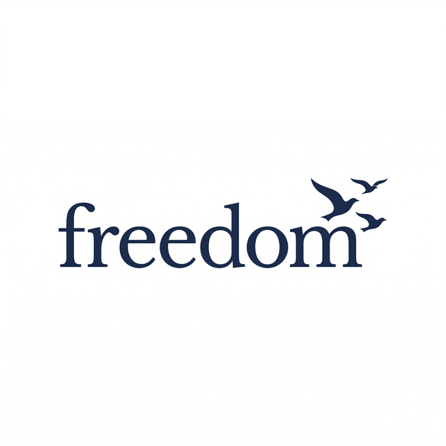 The lowercase serif word “freedom” releases three bird silhouettes that rise from its upper-right edge.