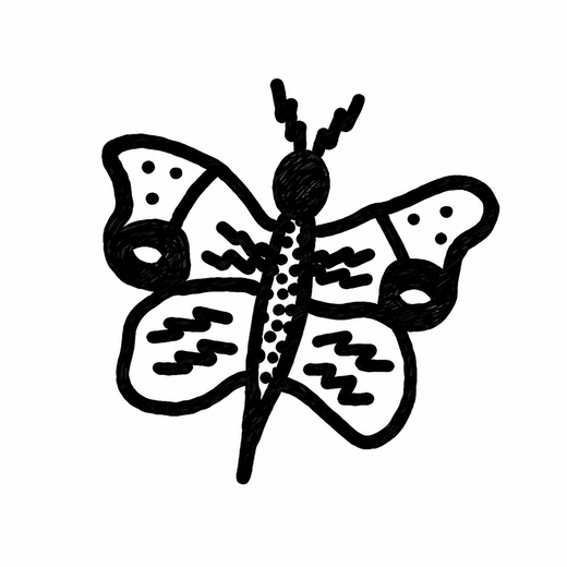A front-facing decorative moth spreads four patterned wings with dots, wavy marks and dark round eyespots beneath curved antennae.