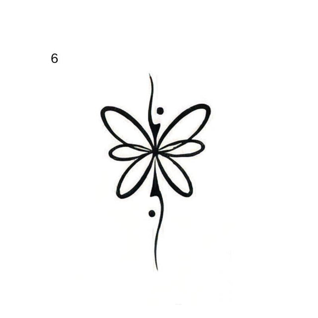 An abstract winged insect or flower-like symbol uses six elongated looped lobes around a curved vertical center with two dots.
