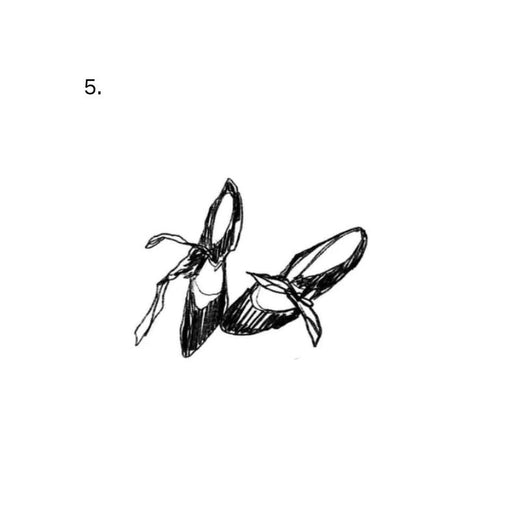 A pair of angled ballet pointe shoes includes tied ribbons and black-and-white sketch shading.