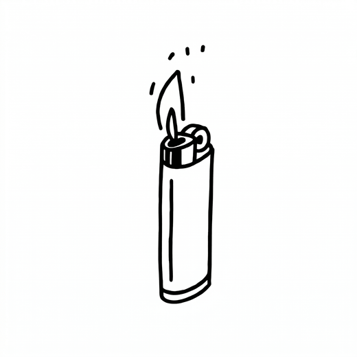 A pocket lighter is shown lit, with a small flame and short shine marks above it.