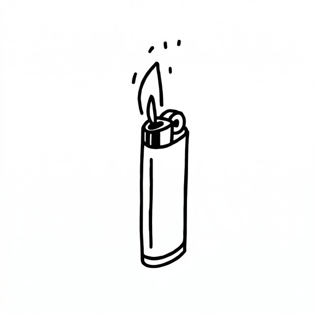 A pocket lighter is shown lit, with a small flame and short shine marks above it.