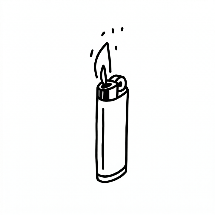 A pocket lighter is shown lit, with a small flame and short shine marks above it.
