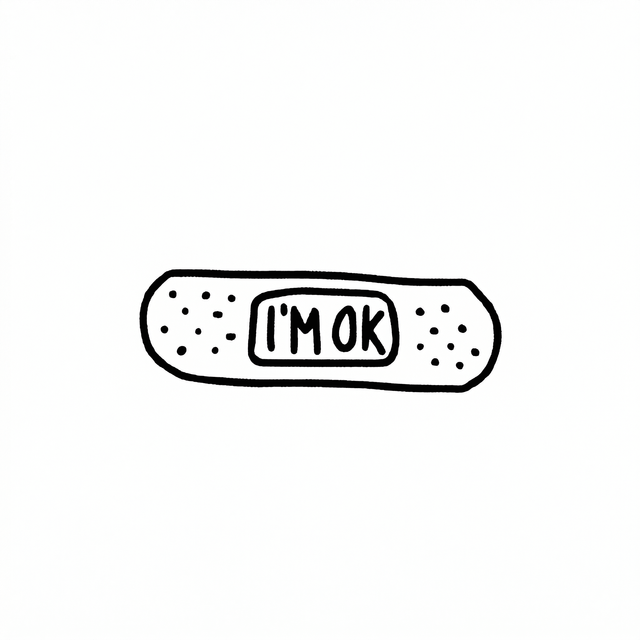 A horizontal adhesive bandage has the words “I'M OK” centered on its pad.