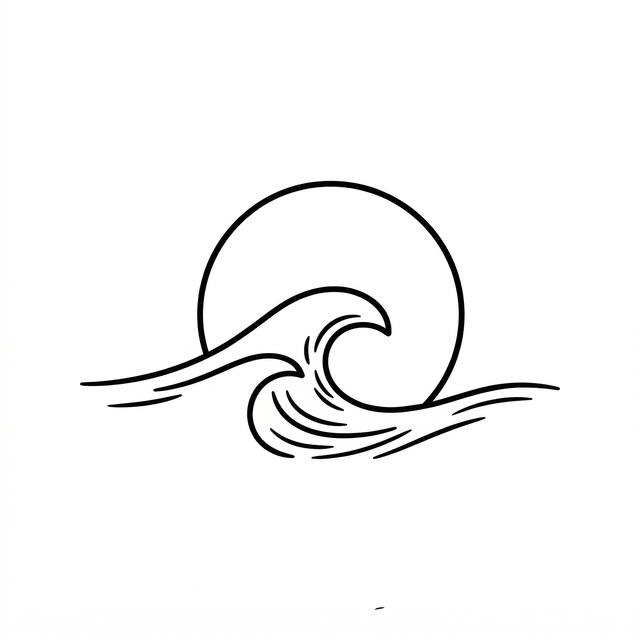 The artwork features a minimal sunrise ocean wave.