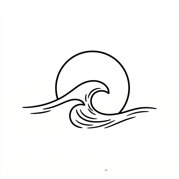 The artwork features a minimal sunrise ocean wave.
