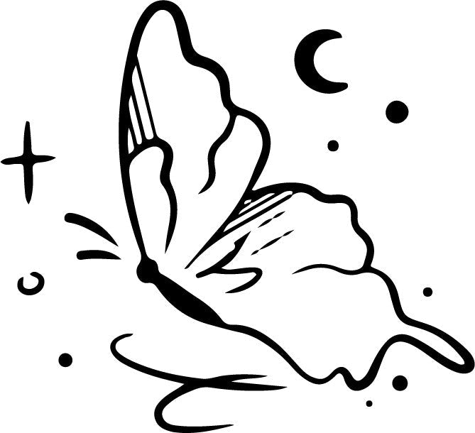 fine-line illustration temporary tattoo featuring butterfly and crescent moon