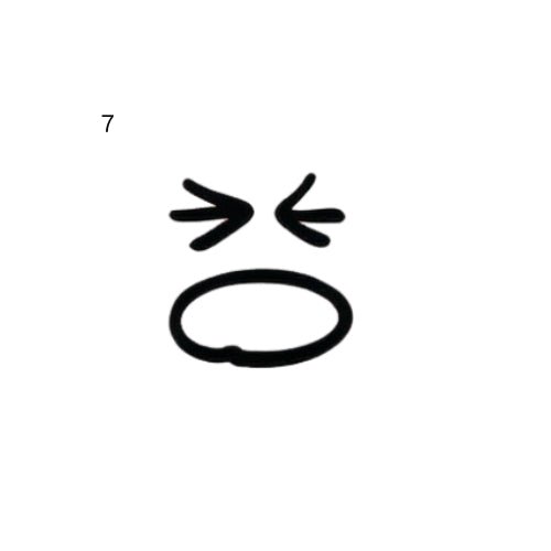 A face has two eyes squeezed inward into pointed marks and a wide oval open mouth below, reading as a scream rather than a laugh.