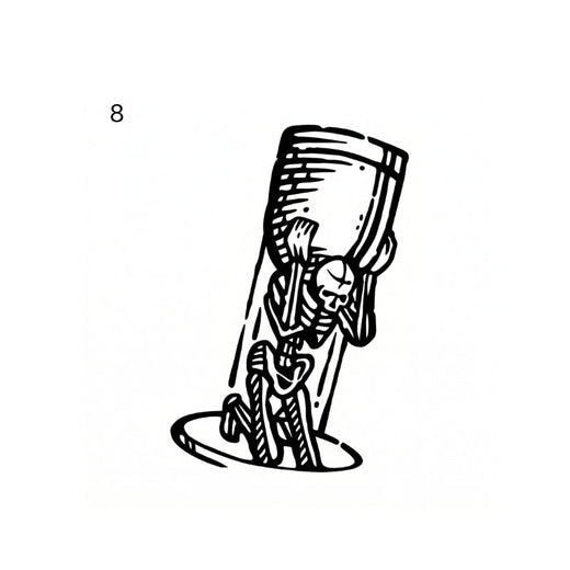 The artwork features a skeleton in rising coffin.
