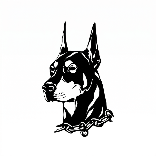 The artwork features a doberman head with chain collar.