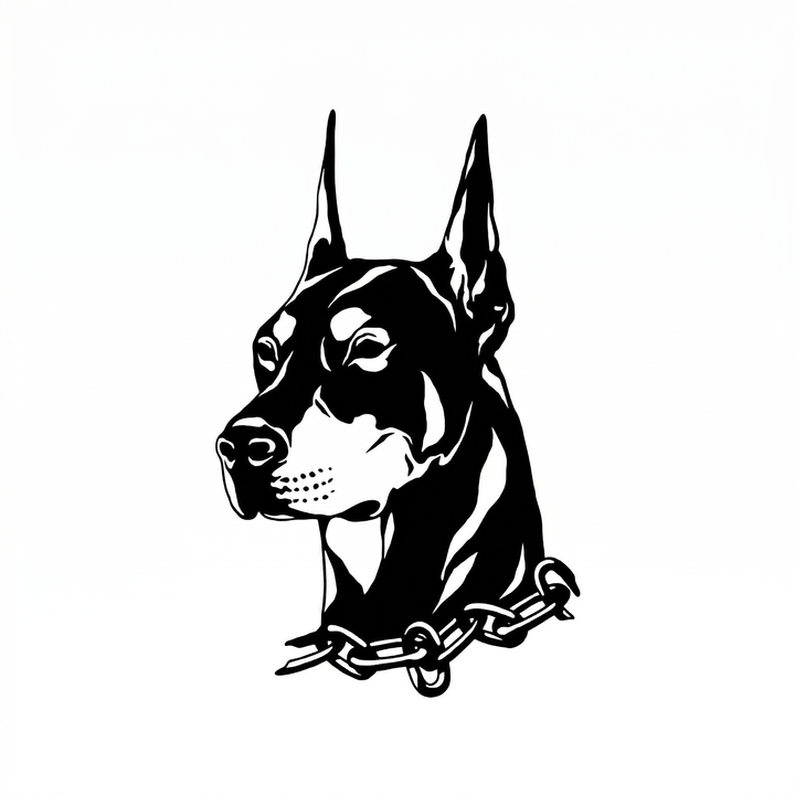 The artwork features a doberman head with chain collar.