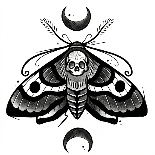The artwork features death's-head moth with moons.