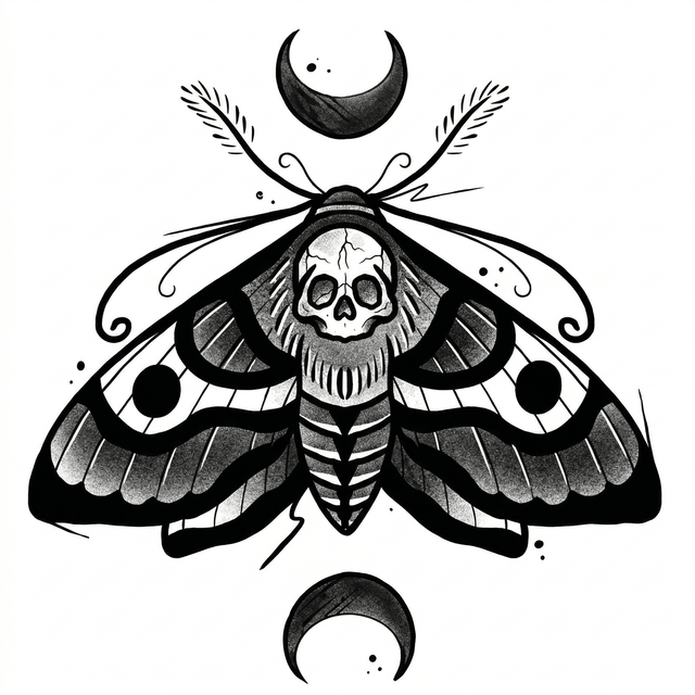 The artwork features death's-head moth with moons.
